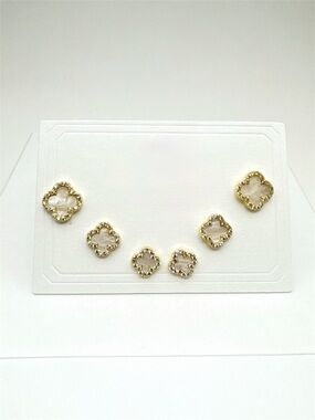 Mother of Pearl & Gold Clover Earrings Set 6 Pc Gold Plated